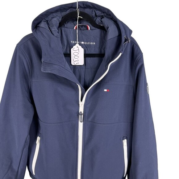 Tommy Hilfiger Mens M Womens L Navy Blue Zipper Hooded Jacket Logo Lined Preppy - Picture 16 of 16